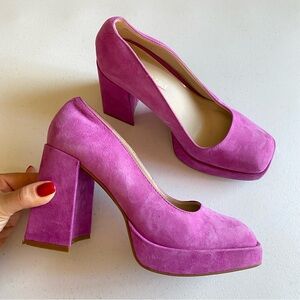 Kenneth Cole Size 7 Bri Lilac Genuine Suede Leather Square Toe Platform Heel